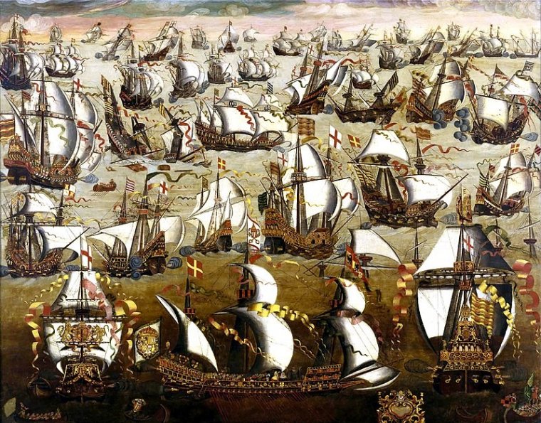 XVI-wieczny obraz przedstawiający bitwę pomiędzy Wielką Armadą a okrętami angielskimi, źródło: pl.wikipedia.org